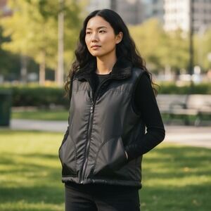 Black Reversible Faux Fur Puffer Vest Women Sleeveless Jacket Zip Up Mock Neck